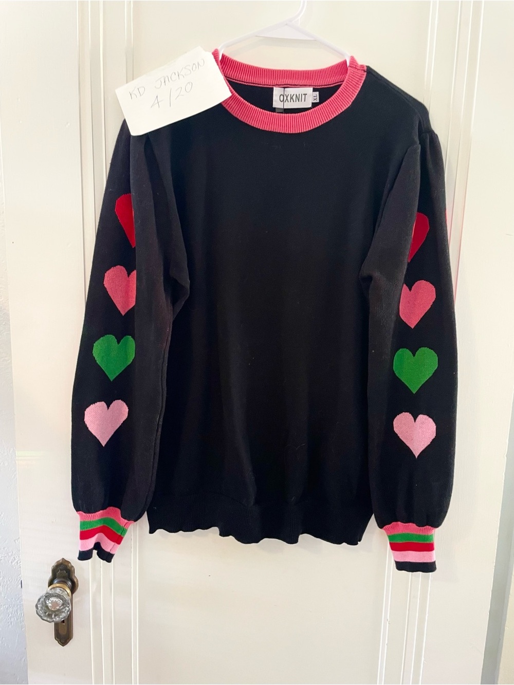 QXKNIT Black Heart-Print Crewneck Sweater - Pink & Green Accents